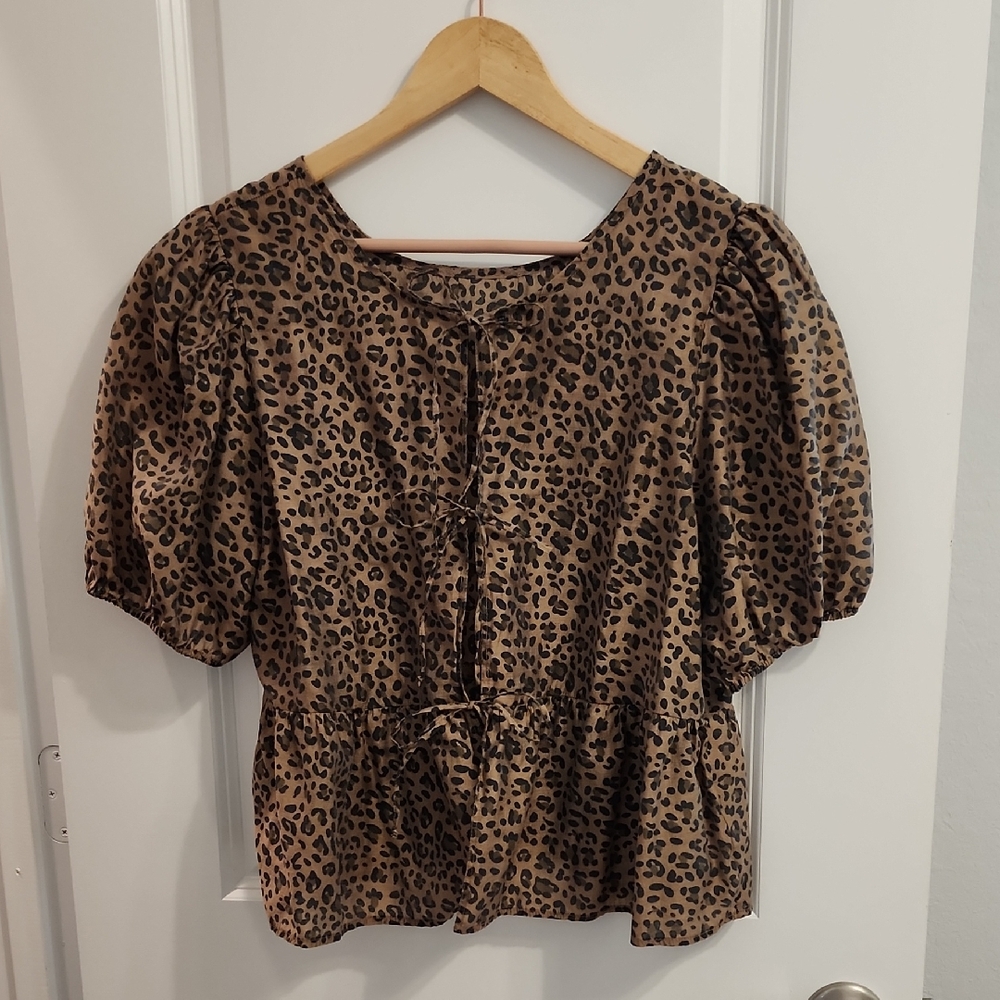 American Eagle Outfitters Leopard Print Puff Sleeve Peplum Top - Brown